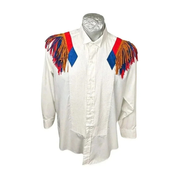 Raggs Plus Mens Shirt Size L Western Trim Style  White LS Fancy Vintage - Picture 1 of 9